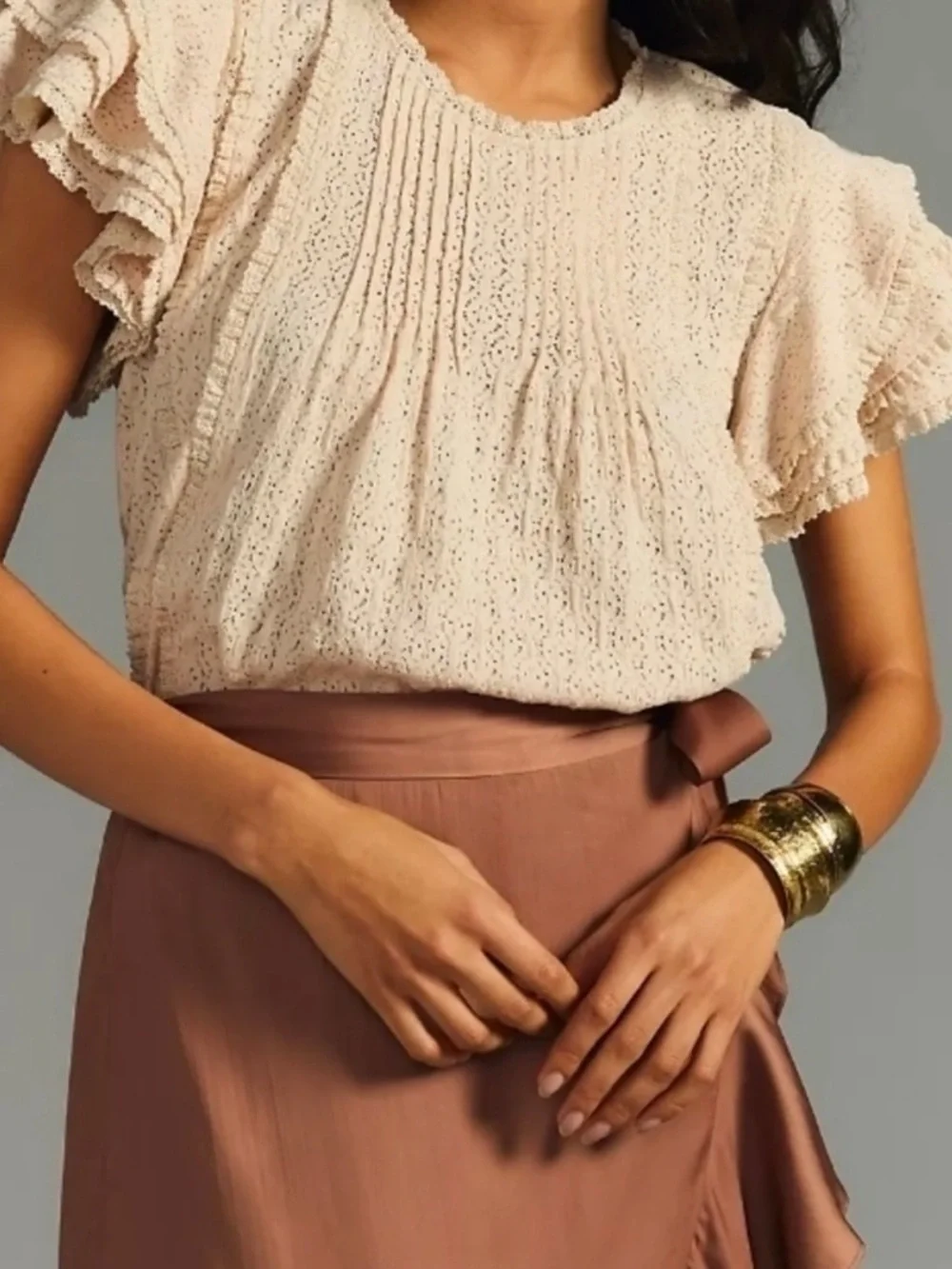 Anthropologie Lace Blouse Cream Pintucked Top Stretch Flutter Ruffle Sleeve XL - Picture 10 of 17